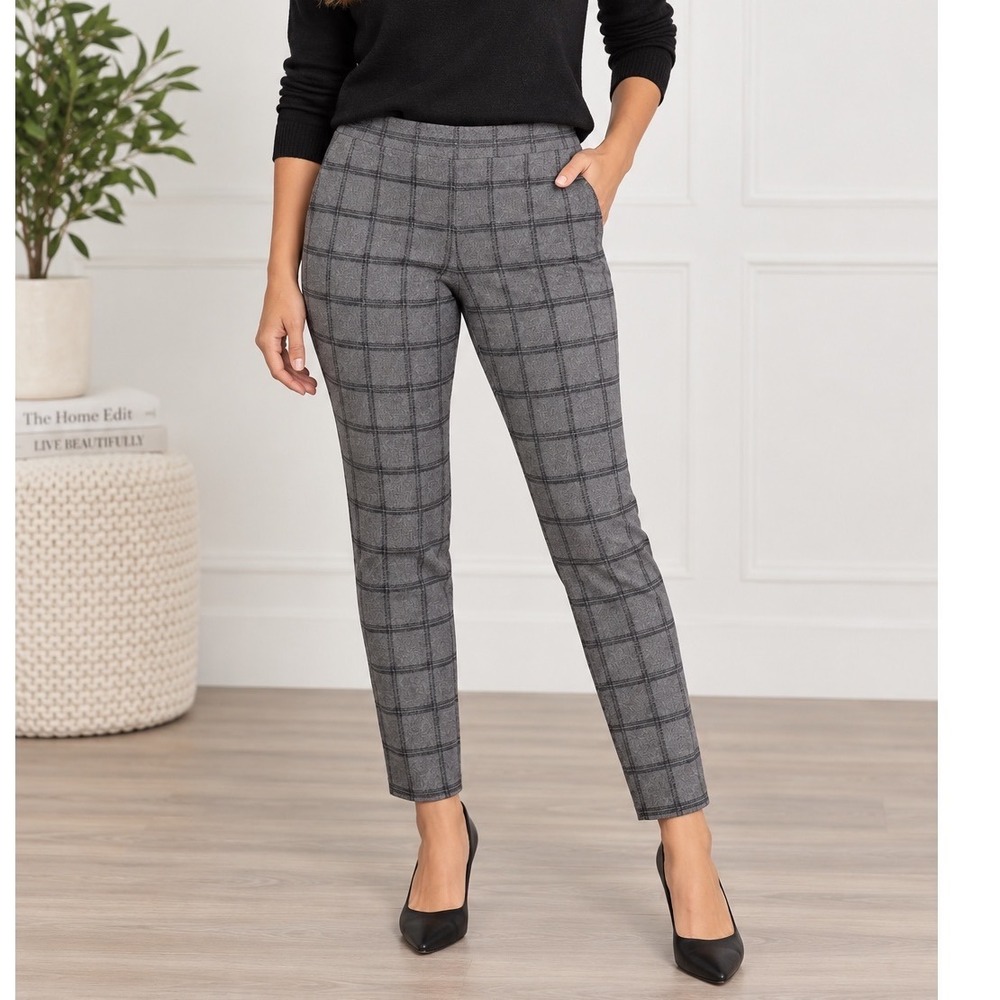 LOFT Grey Windowpane Plaid Pull On Skinny Pants Size Medium Office Career